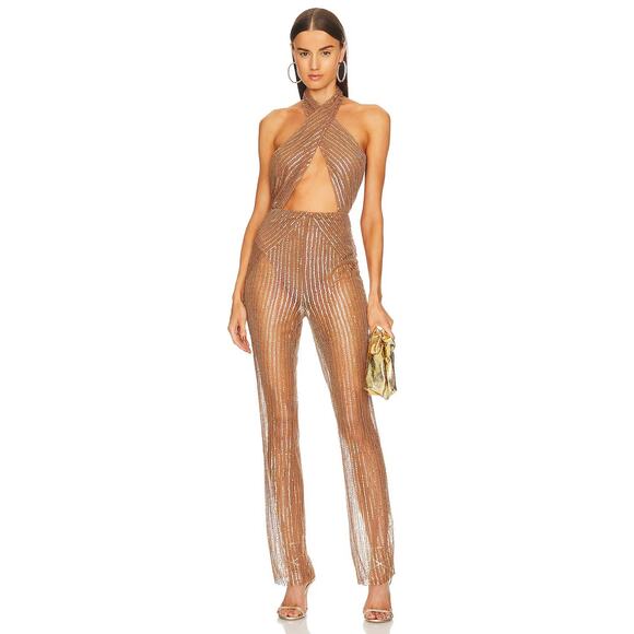 Michael Costello x REVOLVE Yasmin Sequined Jumpsuit Halter Neck Antique Gold XS